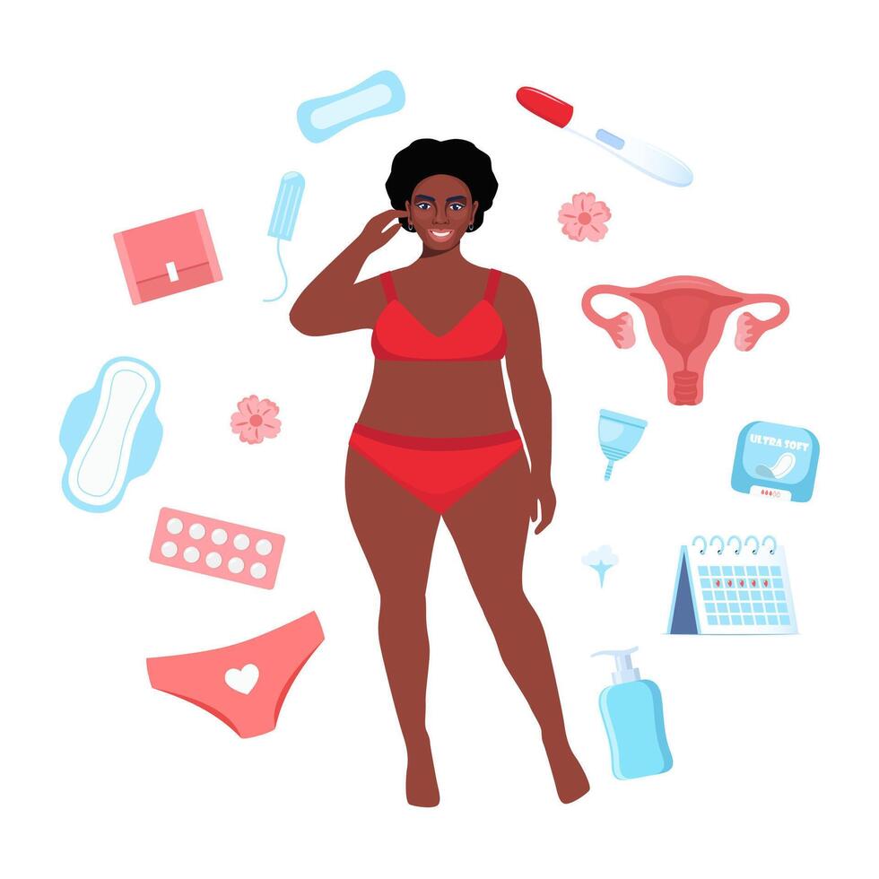 Womans health concept. Menstruation, period, female uterus, reproductive system. Black woman, pregnancy test, tampon, calendar, womb, pads, menstrual cup, pants. illustration. vector