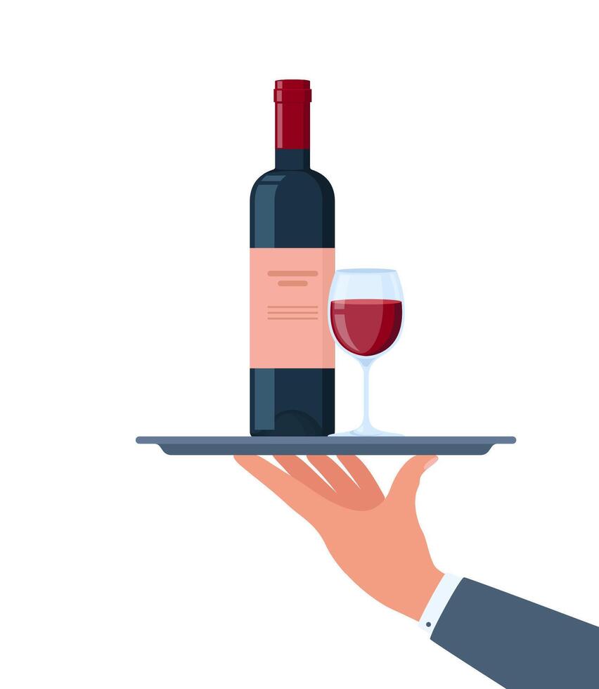 Waiters hand holding wine bottle and glass on the tray vector
