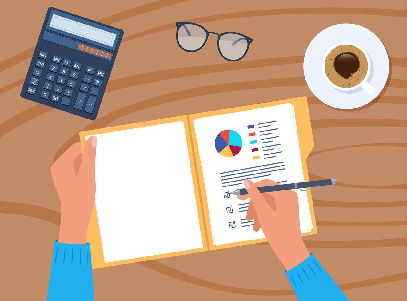 Open folder and documents, statistical data with charts, diagrams. Human hands with pen. Coffee and calculator. Workplace documents for financial statistics, reporting, strategy development. vector