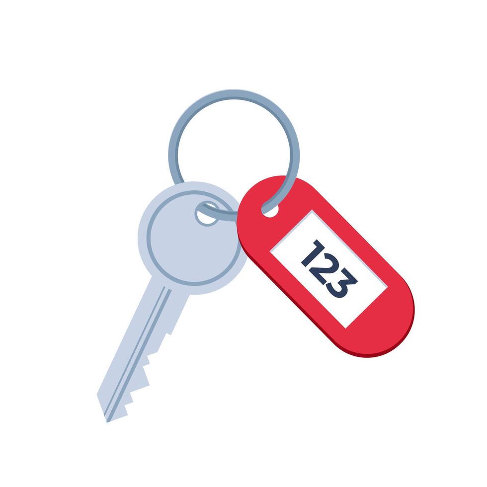 Door key from hotel room, apartment. Keyring, ring holder with private locking accessory and metal tag, pendant with number. illustration. vector