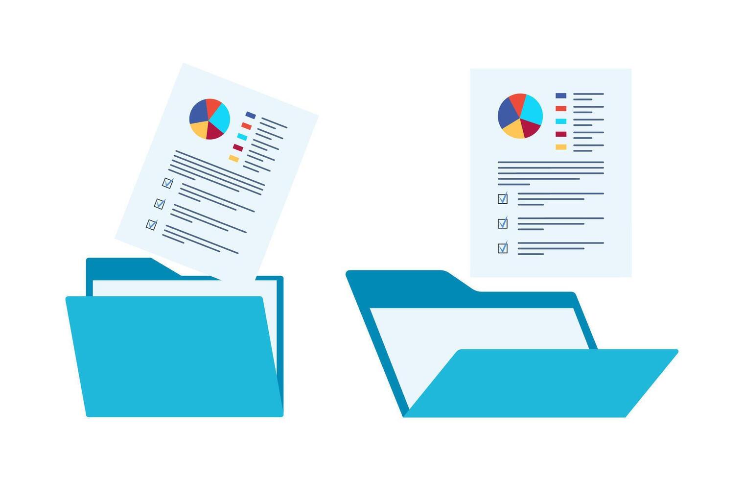 Open folder and documents, statistical data with charts, diagrams. Workplace documents for financial statistics, reporting, strategy development. Data analysis. vector