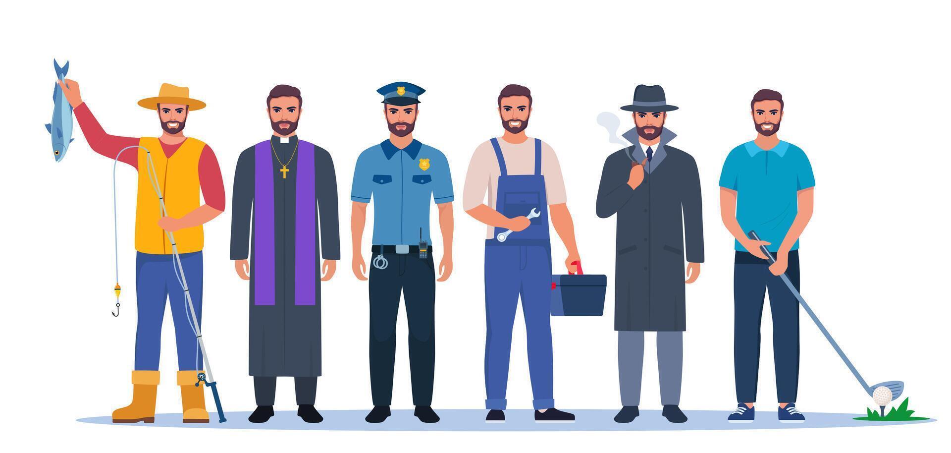 Jobs and professions set. Men in uniforms, different occupation, work. Same man character in different occupation vector