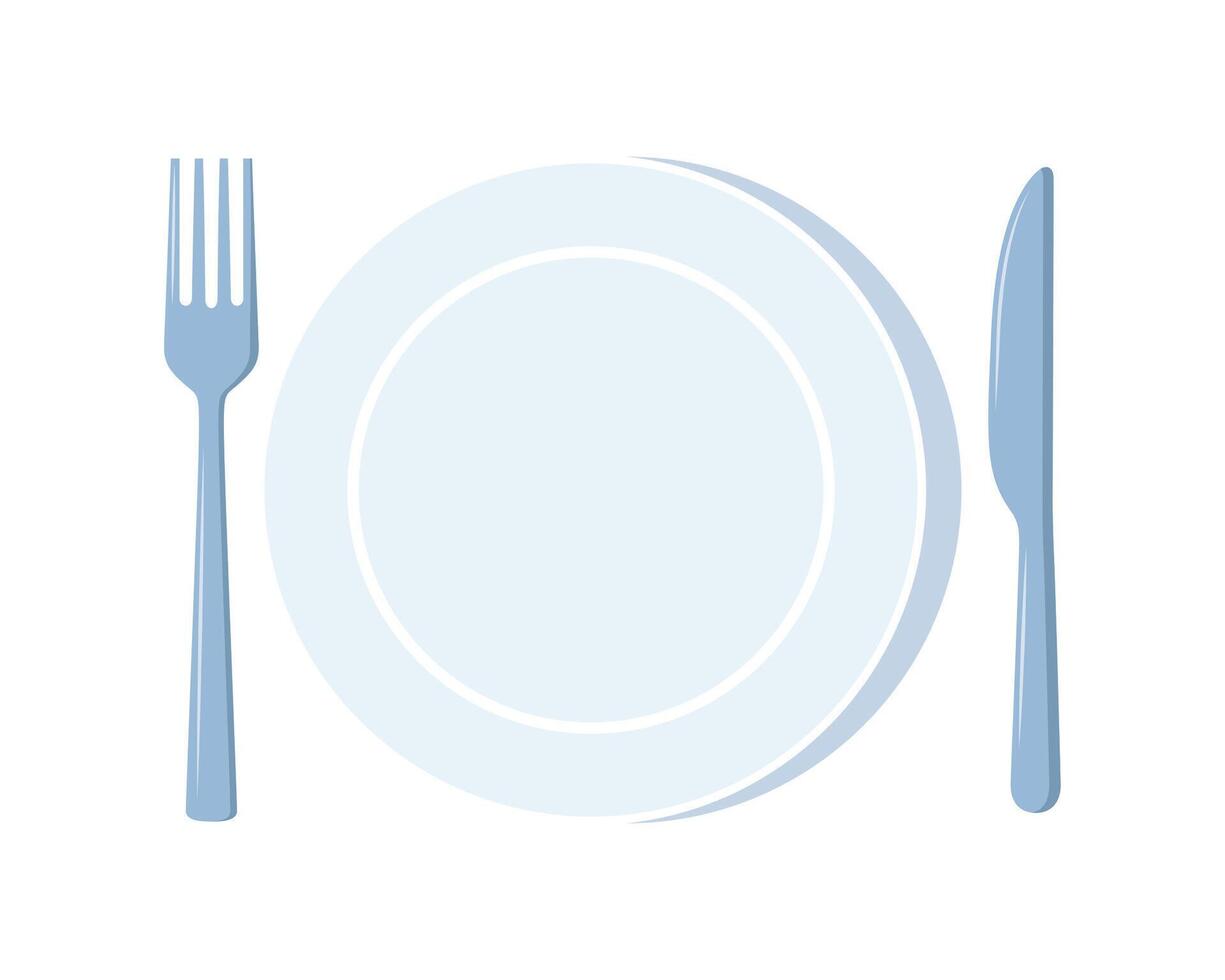 Plate, fork and knife icon in flat style. Bar, cafe, hotel concept. Simple eating icon. illustration. vector