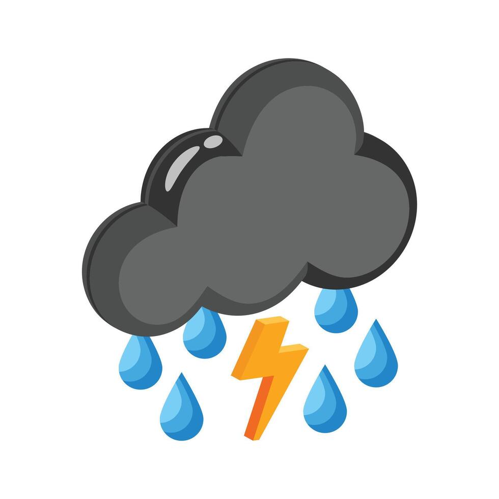 Easy to edit 3d style icon lightning storm cloud with raindrops vector