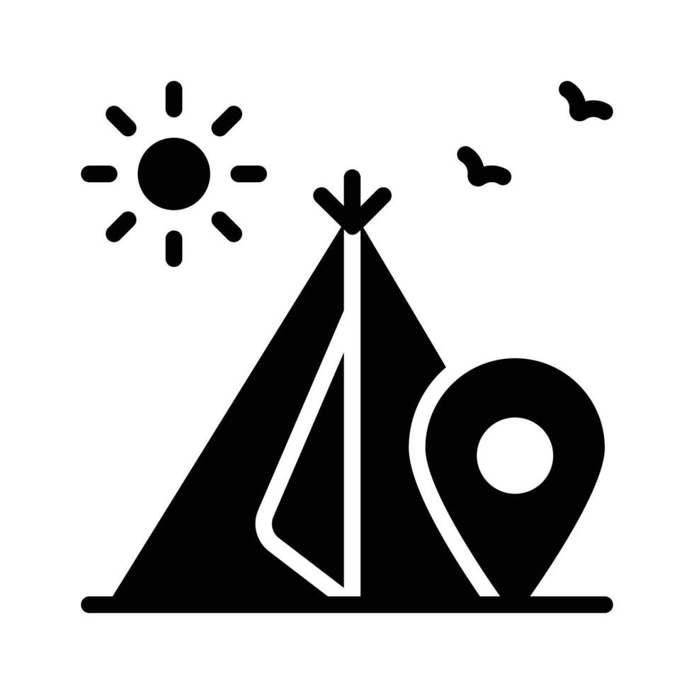 A pitched tent with the sun, symbolizing camping, outdoor travel, and adventure. vector