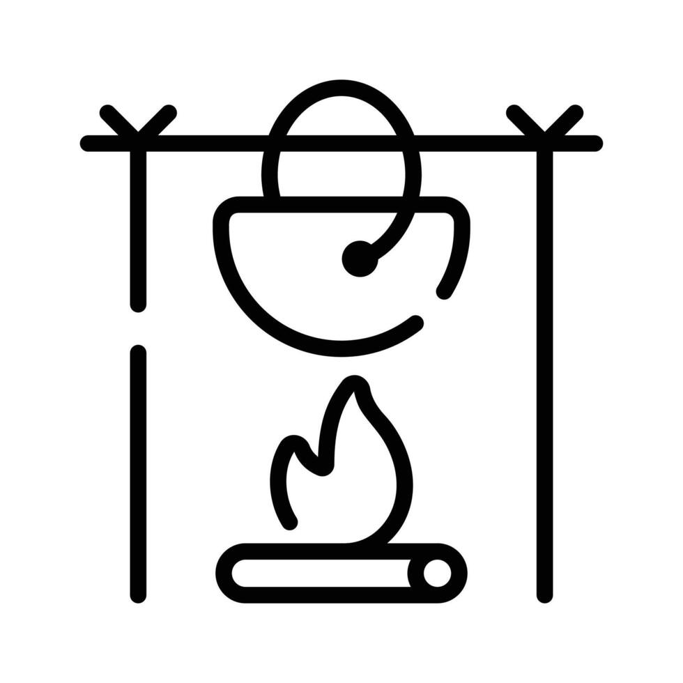 A hanging pot over a fire, symbolizing outdoor cooking and camping.. vector