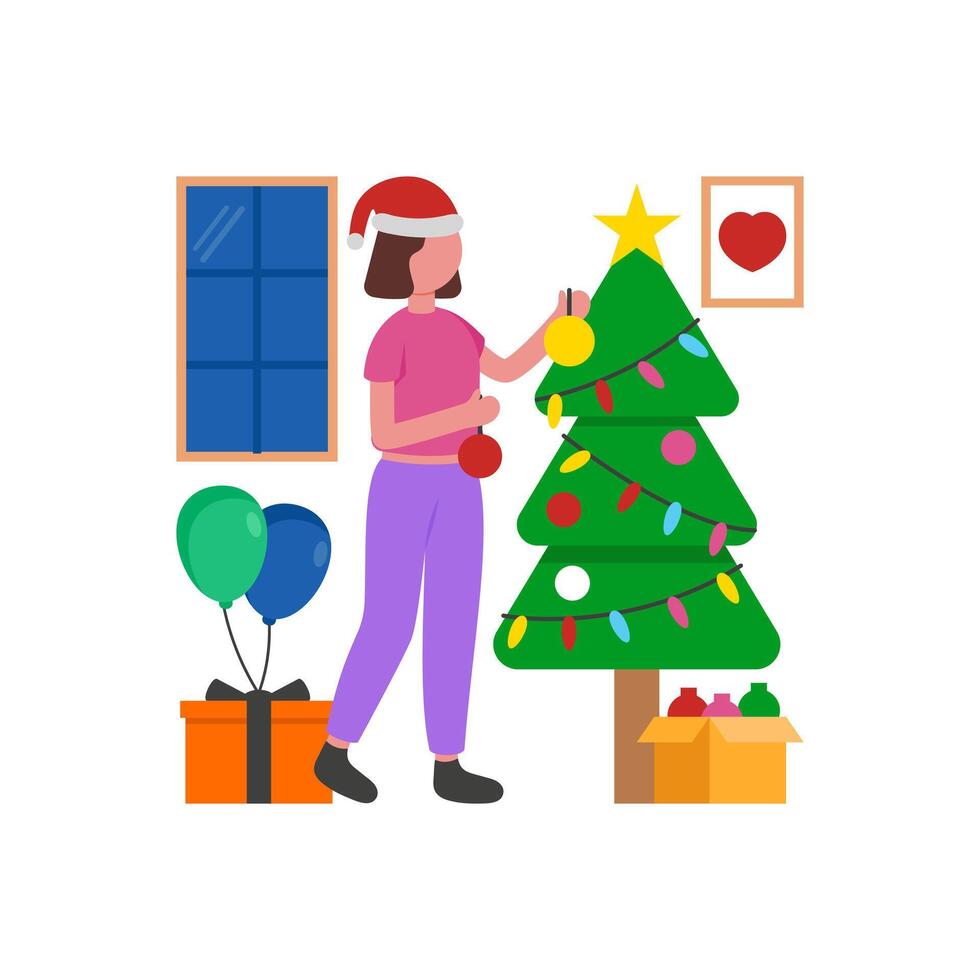 Hang Ornaments on Festive Tree vector