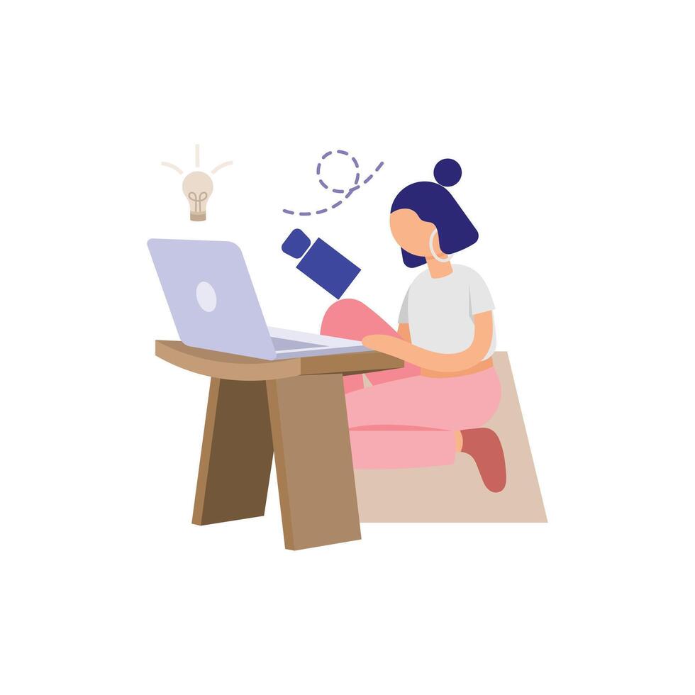 Creative Girl Working on Laptop Flat Illustration vector