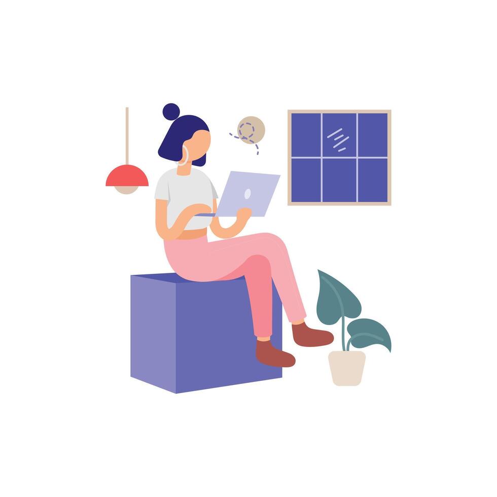 Girl Using Laptop at Home Flat Illustration vector