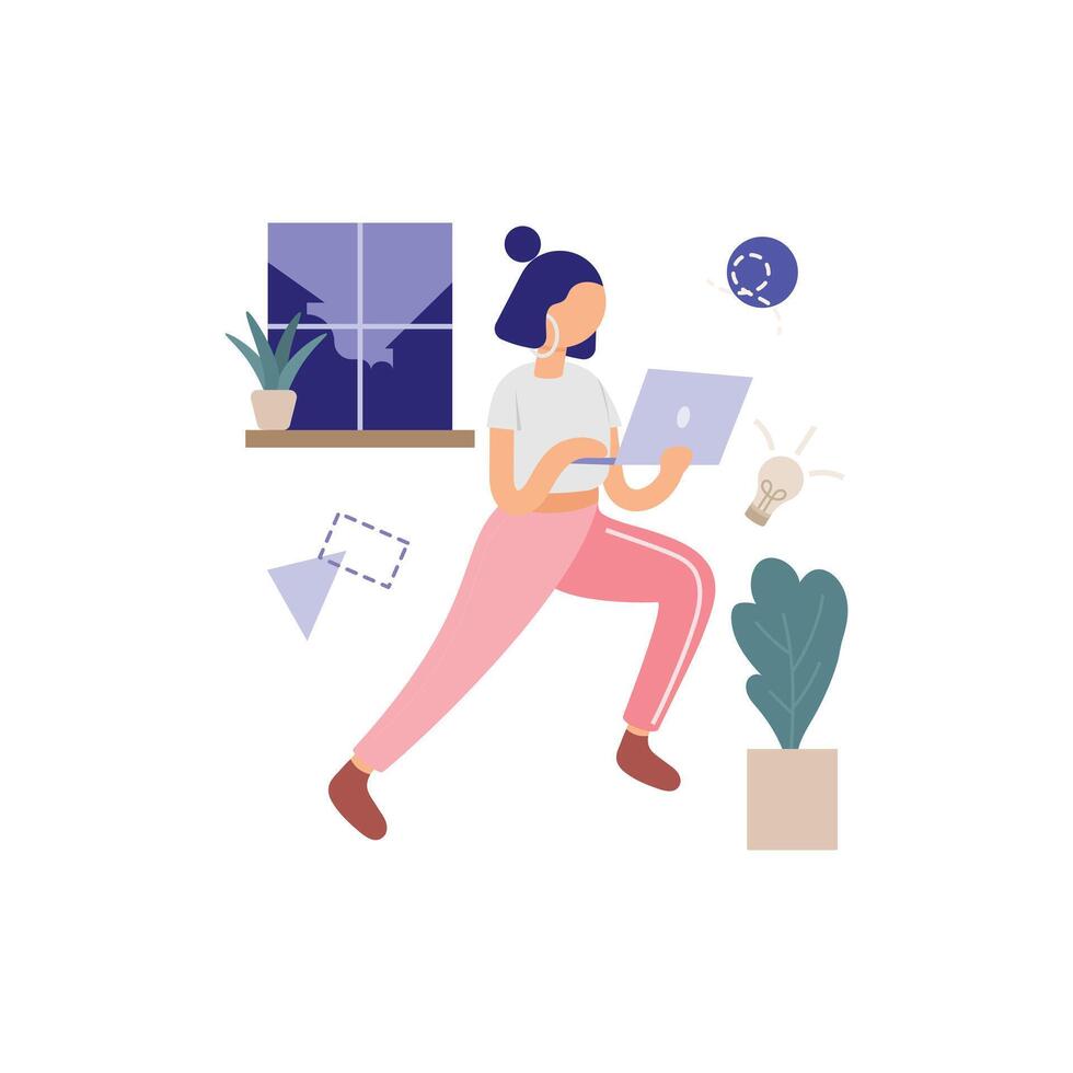 Active Woman Working on Laptop Flat Illustration vector
