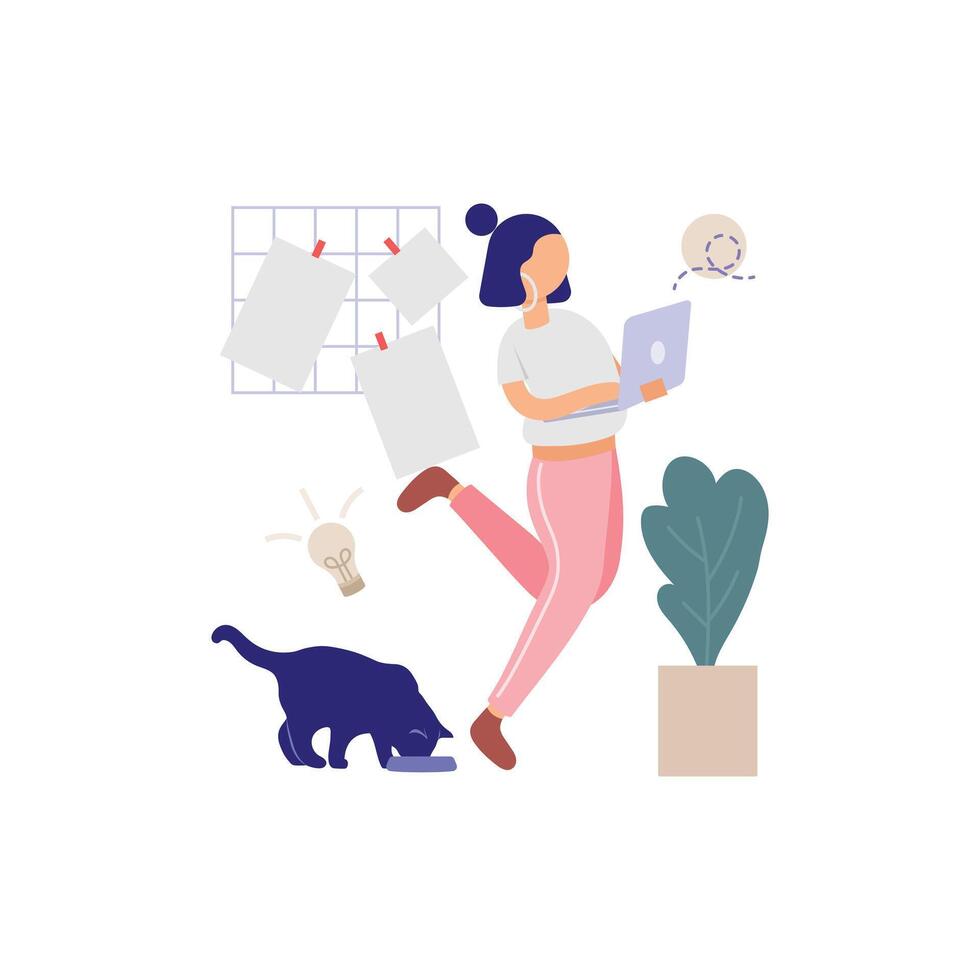 Busy Woman Working from Home Flat Illustration vector