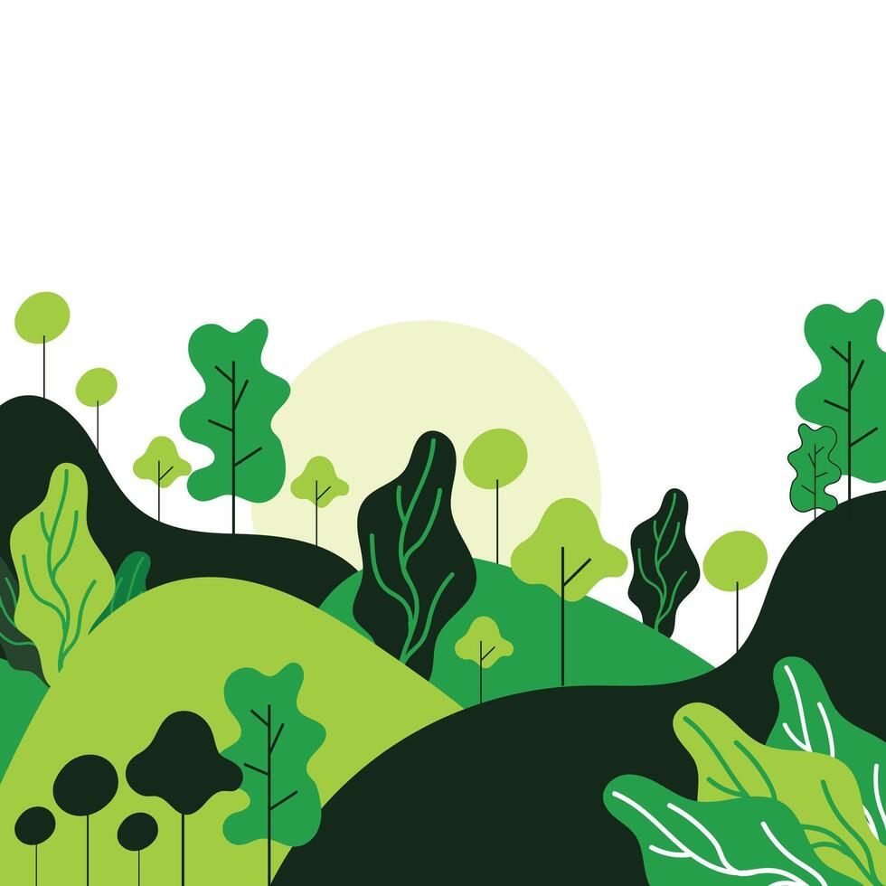Green Hills Landscape Illustration with Trees and Sun vector