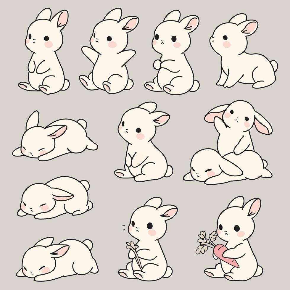 Cute Bunny Illustrations in Various Poses, Kawaii Rabbit Clipart Set vector