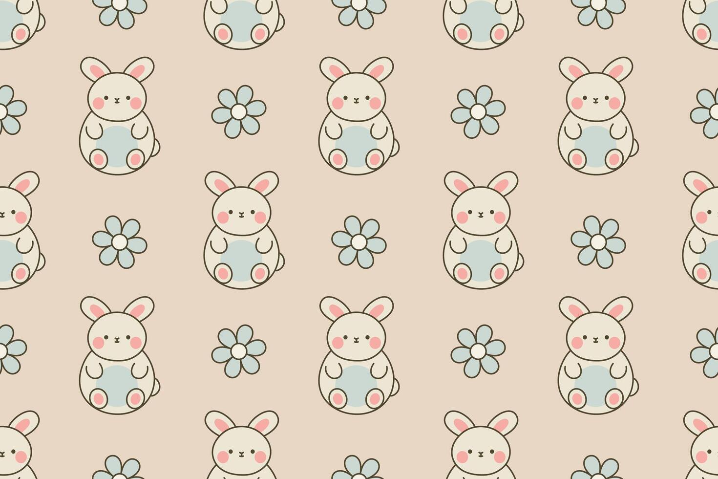 Cute Rabbit Seamless Repeat Pattern with Flowers on Beige Background vector