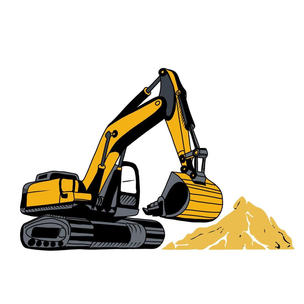 Yellow excavator digs the ground vector