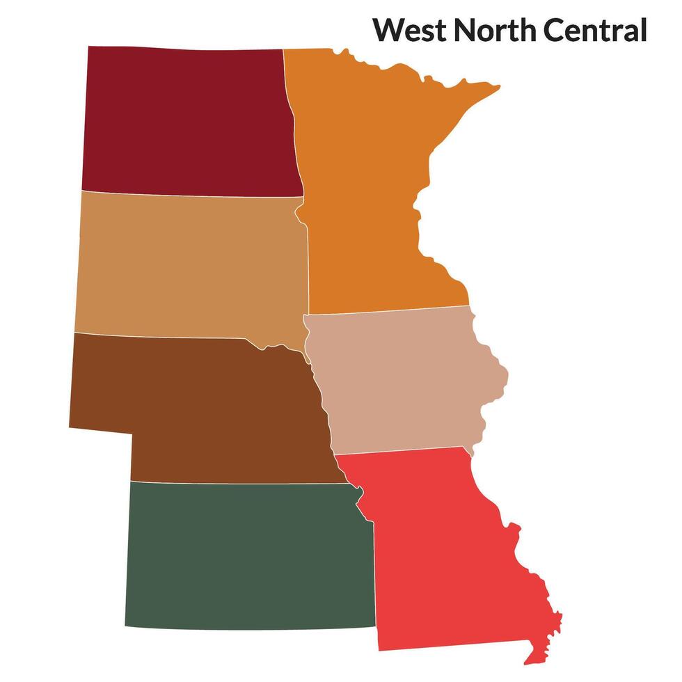 US regions of West North central. Map of United States split into divisions of West North central with each state in multicolor. vector