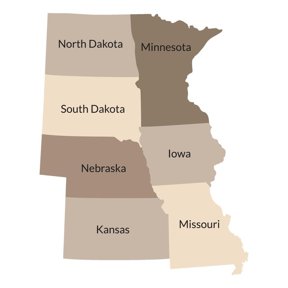 US regions of West North central. Map of United States split into divisions of West North central with label each state in brown color. vector