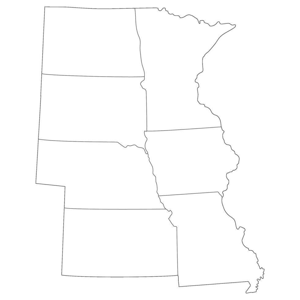 US regions of West North central. Map of United States split into divisions of West North central with each state in white color. vector