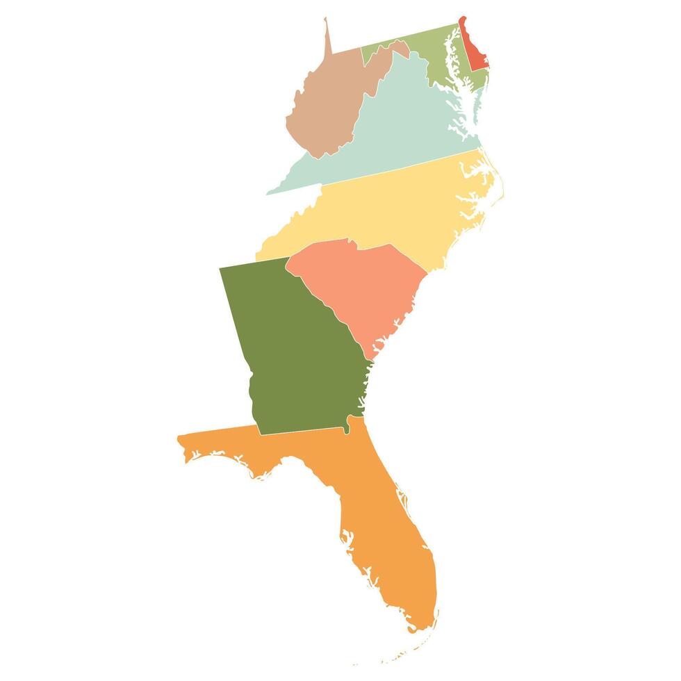 US regions of South Atlantic. Regions of the United States of America of South Atlantic each state with multicolor. vector