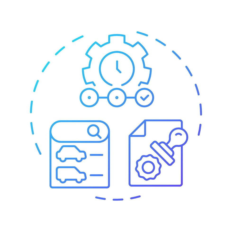 Dealership inventory management blue gradient concept icon. Car list. Control, compliance. Round shape line illustration. Abstract idea. Graphic design. Easy to use in infographic, presentation vector