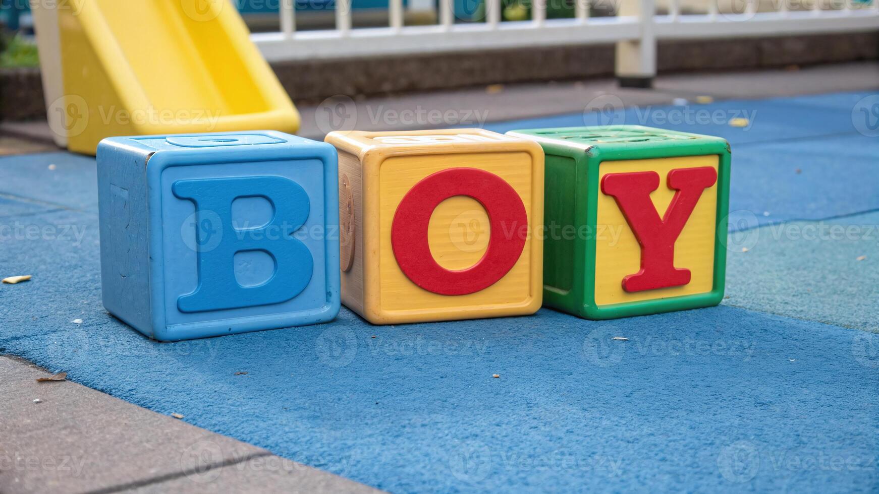 Colorful letter blocks that form the word boy in a playground setting during daylight hours photo