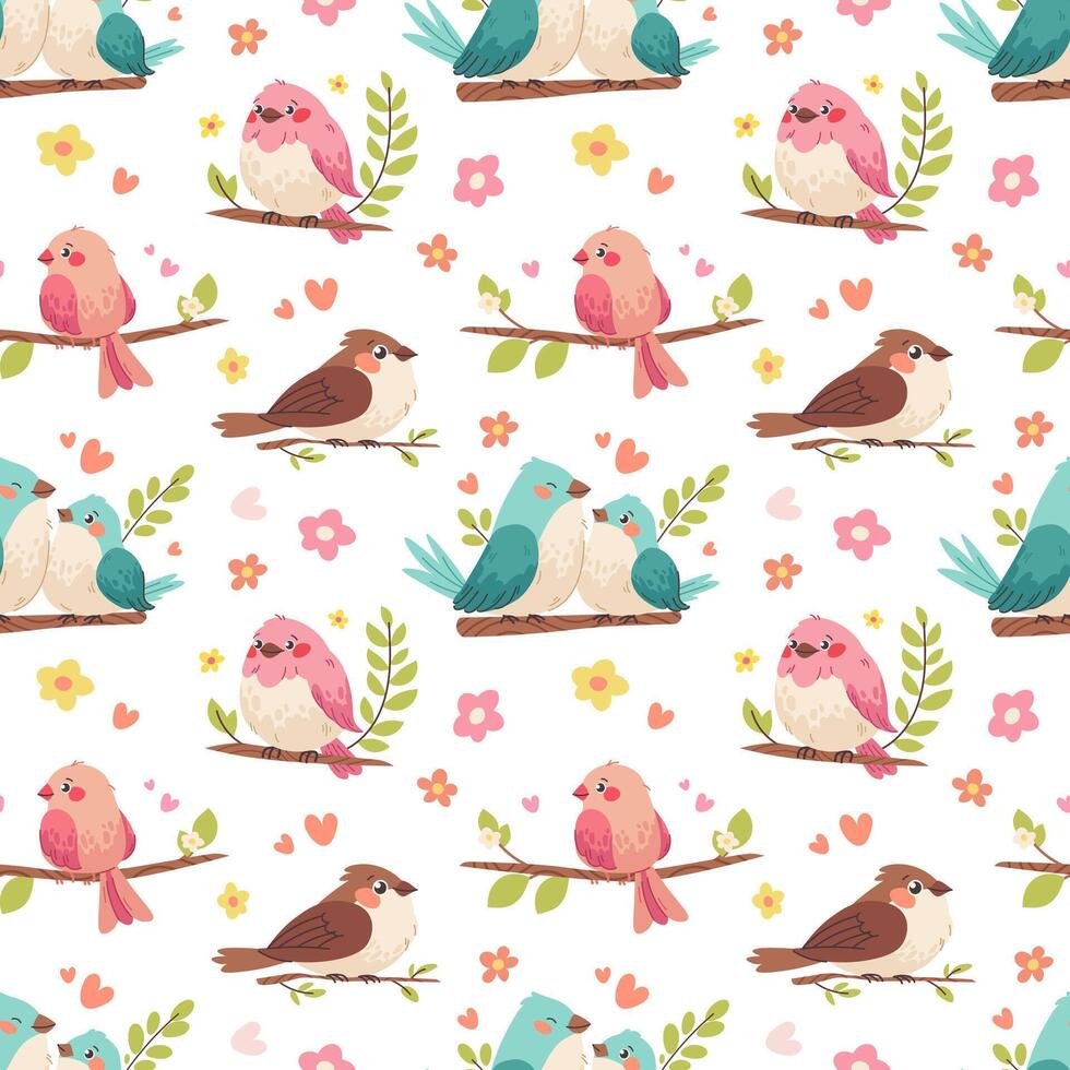 Spring seamless pattern with cute birds and flowers. Flat birds on white background. fabric swatch, wrapping vector