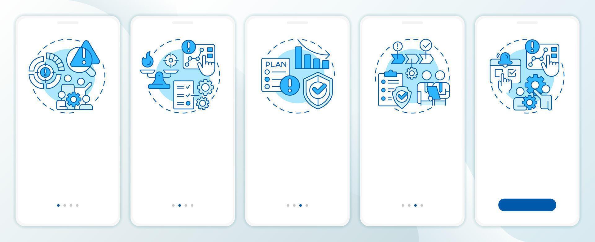 Risk management process blue onboarding mobile app screen. Walkthrough 5 steps editable graphic instructions with linear concepts. UI, UX, GUI template vector