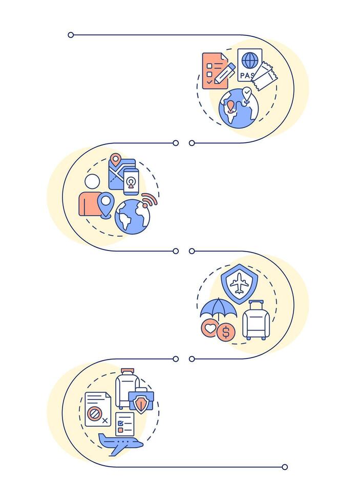 Travel risk management solutions infographic vertical sequence. Security services for tourist. Visualization infochart with 4 steps. Circles workflow vector