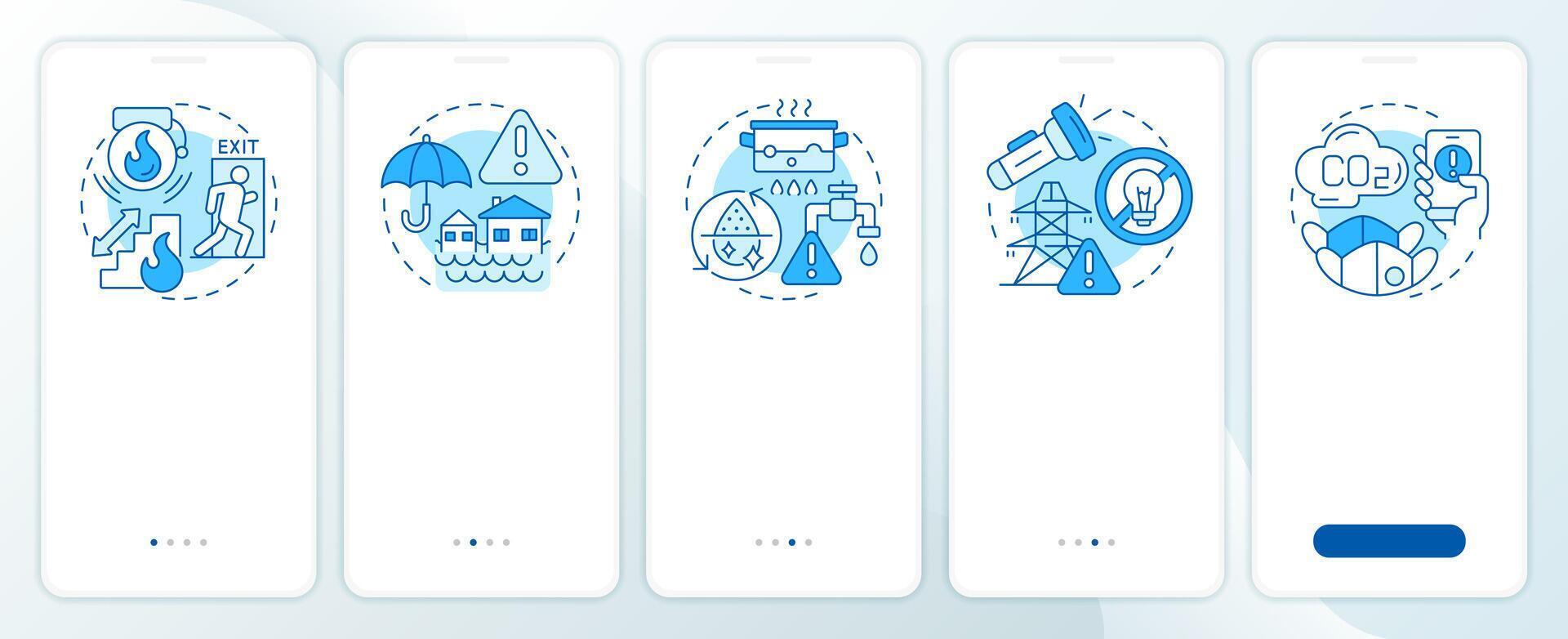 Safety and emergency alerts blue onboarding mobile app screen. Walkthrough 5 steps editable graphic instructions with linear concepts. UI, UX, GUI template vector