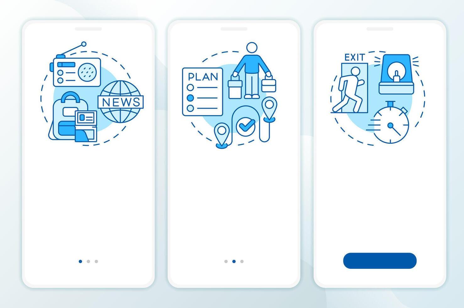 Evacuation levels blue onboarding mobile app screen. Emergency. Walkthrough 3 steps editable graphic instructions with linear concepts. UI, UX, GUI template vector