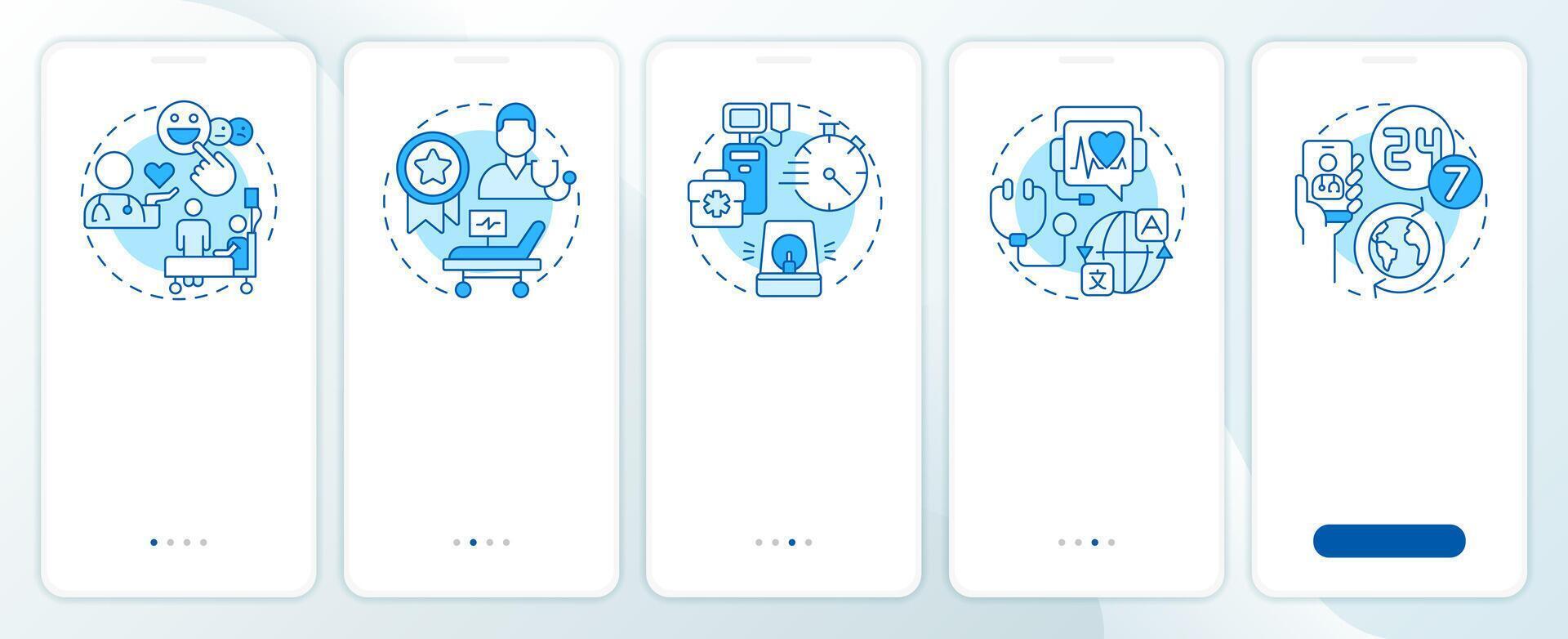 Quality of medical services blue onboarding mobile app screen. Walkthrough 5 steps editable graphic instructions with linear concepts. UI, UX, GUI template vector