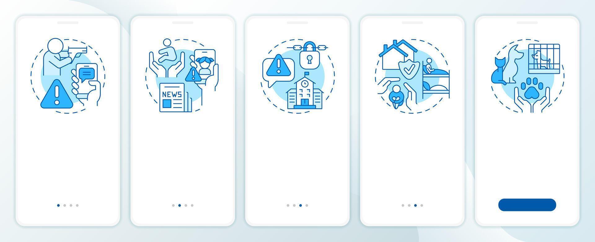Public safety blue onboarding mobile app screen. Emergency. Walkthrough 5 steps editable graphic instructions with linear concepts. UI, UX, GUI template vector