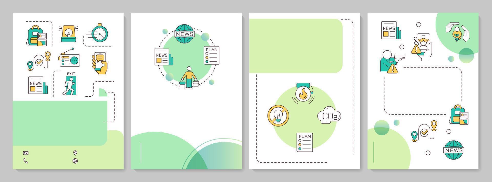 Emergency response green circle brochure template. Accidents alerts service. Help in danger. Leaflet design with linear icons. Editable 4 layouts vector
