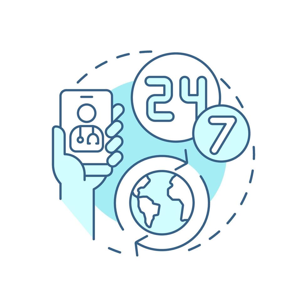 Global reach 24 7 soft blue concept icon. Healthcare available at any time. Quality of medical service. Round shape line illustration. Abstract idea. Graphic design. Easy to use in application vector