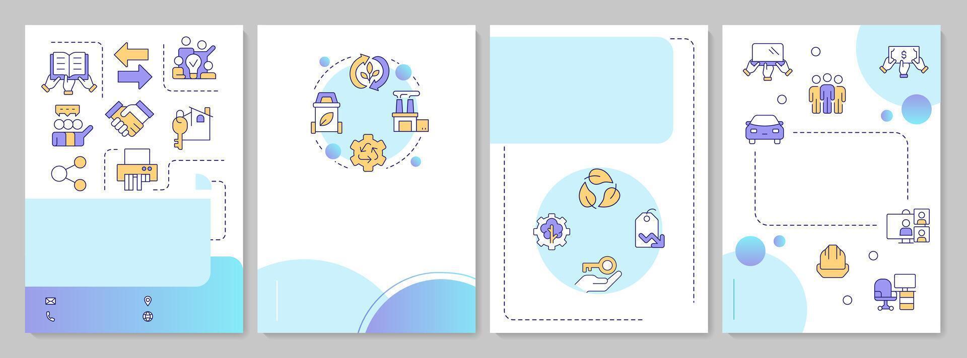 Sharing economy blue circle brochure template. Collaborative social system of resources using. Leaflet design with linear icons. Editable 4 layouts vector