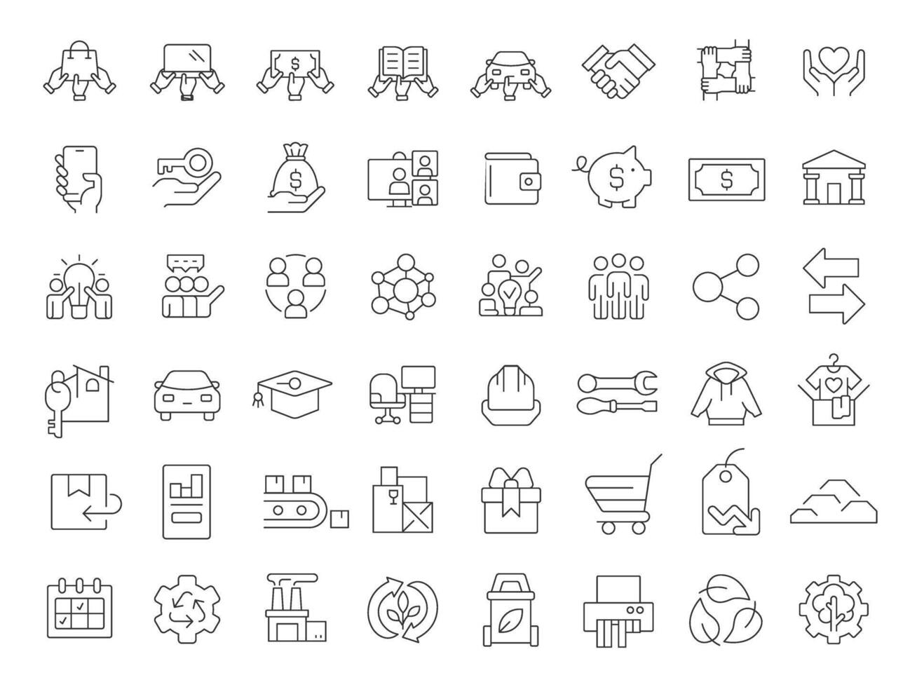 Sharing economy linear icons set. Exchanging goods and services between consumer. Social community system. Customizable thin line symbols. Isolated outline illustrations. Editable stroke vector