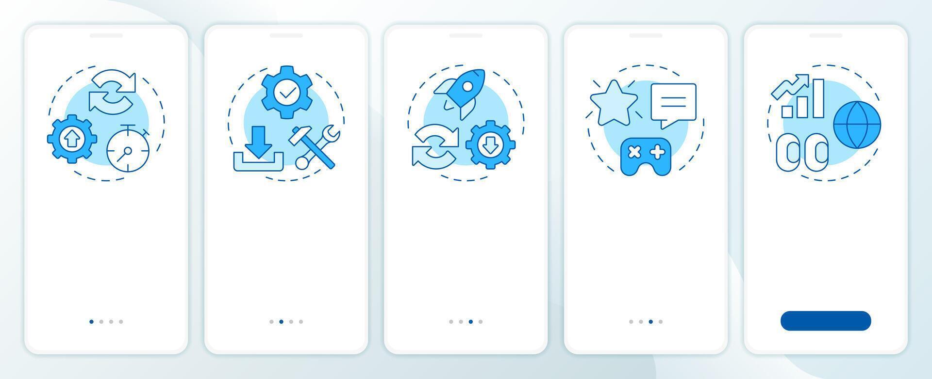 Pros of PWAs blue onboarding mobile app screen. Service benefits. Walkthrough 5 steps editable graphic instructions with linear concepts. UI, UX, GUI template vector