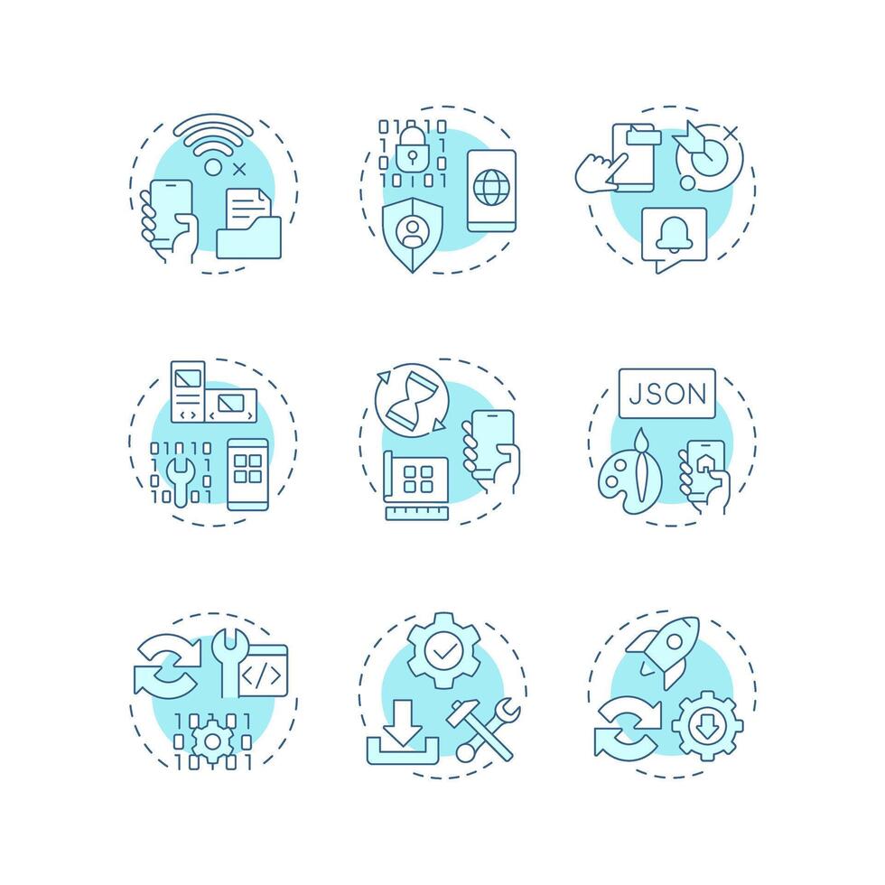 Progressive web app soft blue concept icons. Platform based applications development of PWA. Software and technology. Icon pack. Round shape illustrations for brochure. Abstract idea vector