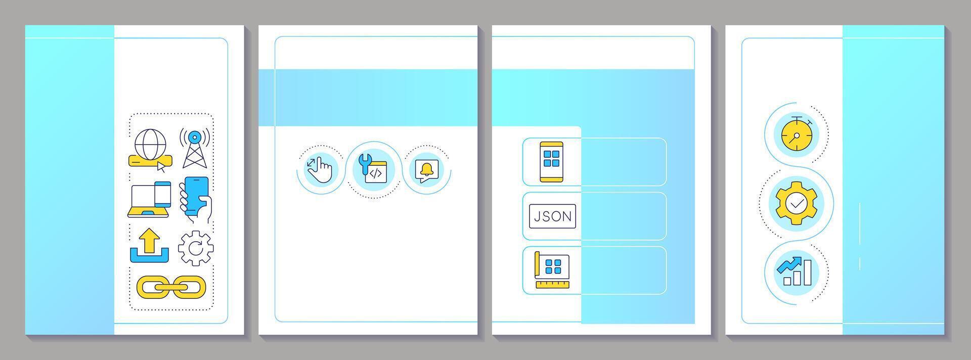 Progressive web applications blue brochure template. Platform software development. Technologies. Leaflet design with linear icons. Editable 4 layouts vector