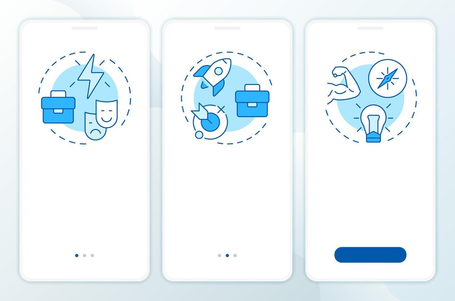 Career planning types blue onboarding mobile app screen. Walkthrough 3 steps editable graphic instructions with linear concepts. UI, UX, GUI template vector
