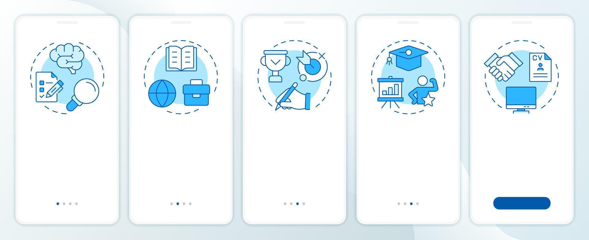 Career planning methods blue onboarding mobile app screen. Walkthrough 5 steps editable graphic instructions with linear concepts. UI, UX, GUI template vector