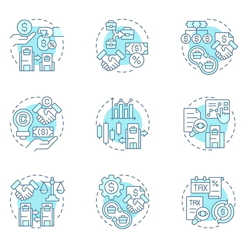 Intercompany transactions soft blue concept icons. Interaction between commercial entities. Financial activity. Icon pack. Round shape illustrations for presentation. Abstract idea vector