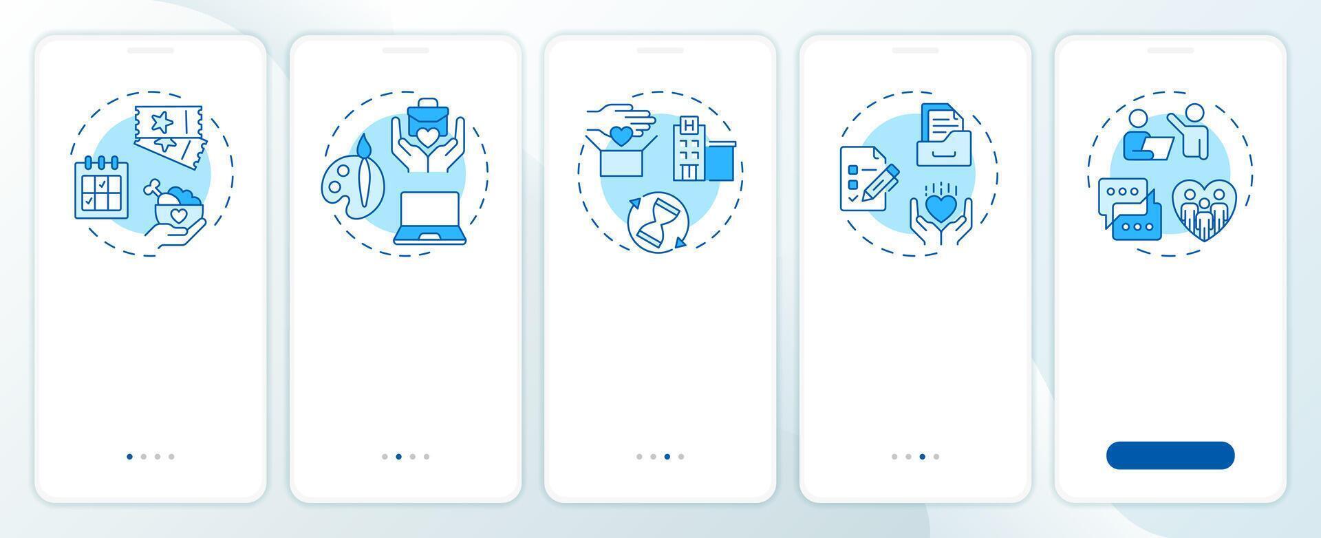 Types of volunteering blue onboarding mobile app screen. Walkthrough 5 steps editable graphic instructions with linear concepts. UI, UX, GUI template vector