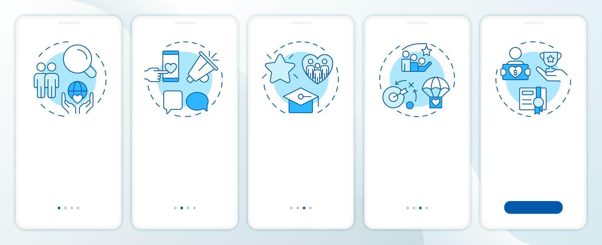Volunteer management components blue onboarding mobile app screen. Walkthrough 5 steps editable graphic instructions with linear concepts. UI, UX, GUI template vector