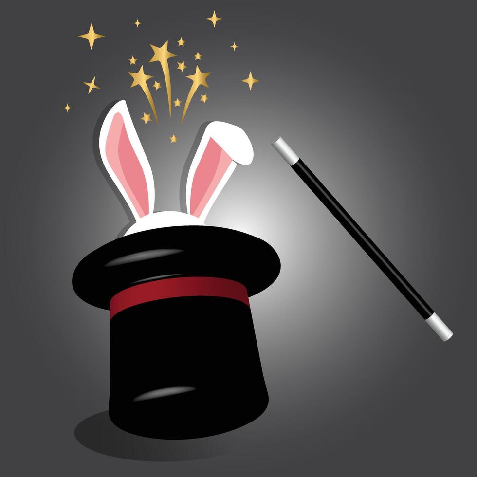 This image beautifully represents the iconic magic hat trick, where a magician seemingly pulls a rabbit out of an empty top hat. vector