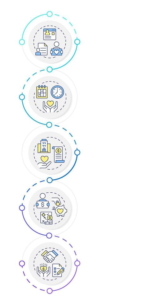 Volunteer activity tracking infographic vertical sequence. Charity events conducting. Donation. Visualization infochart with 5 steps. Circles workflow vector