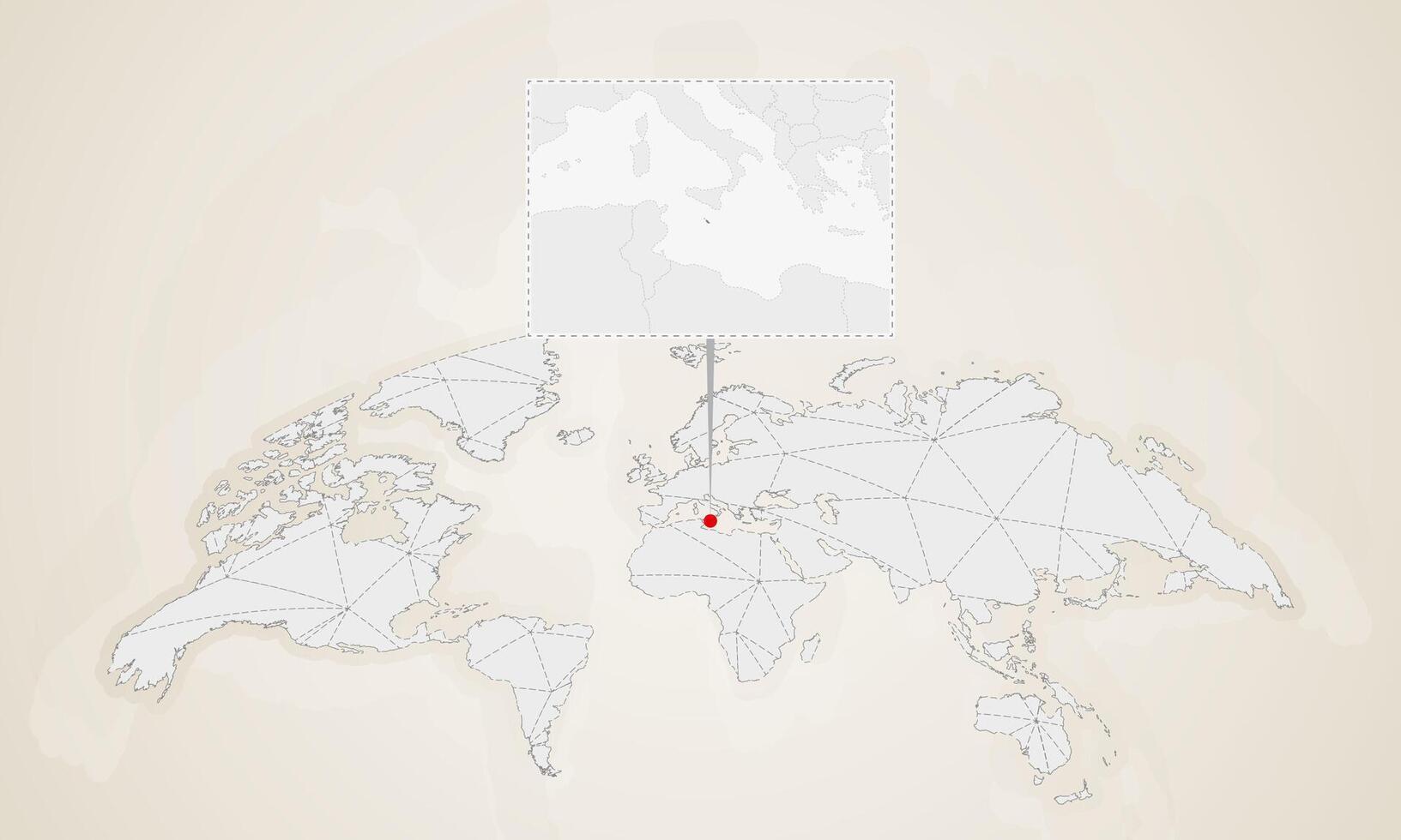 Map of Malta with neighbor countries pinned on world map. vector