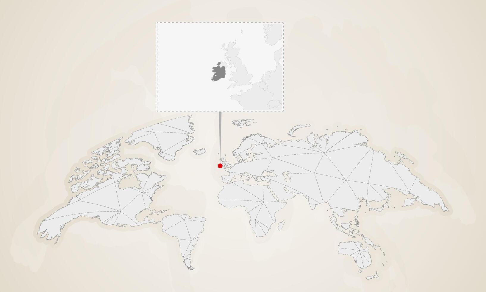 Map of Ireland with neighbor countries pinned on world map. vector