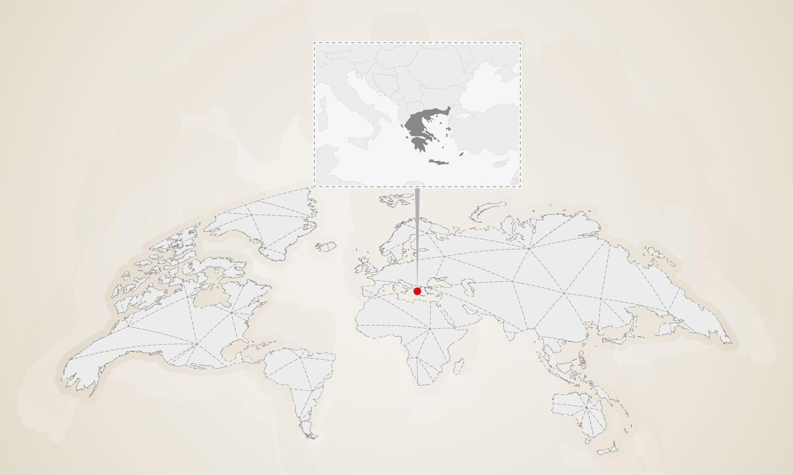 Map of Greece with neighbor countries pinned on world map. vector
