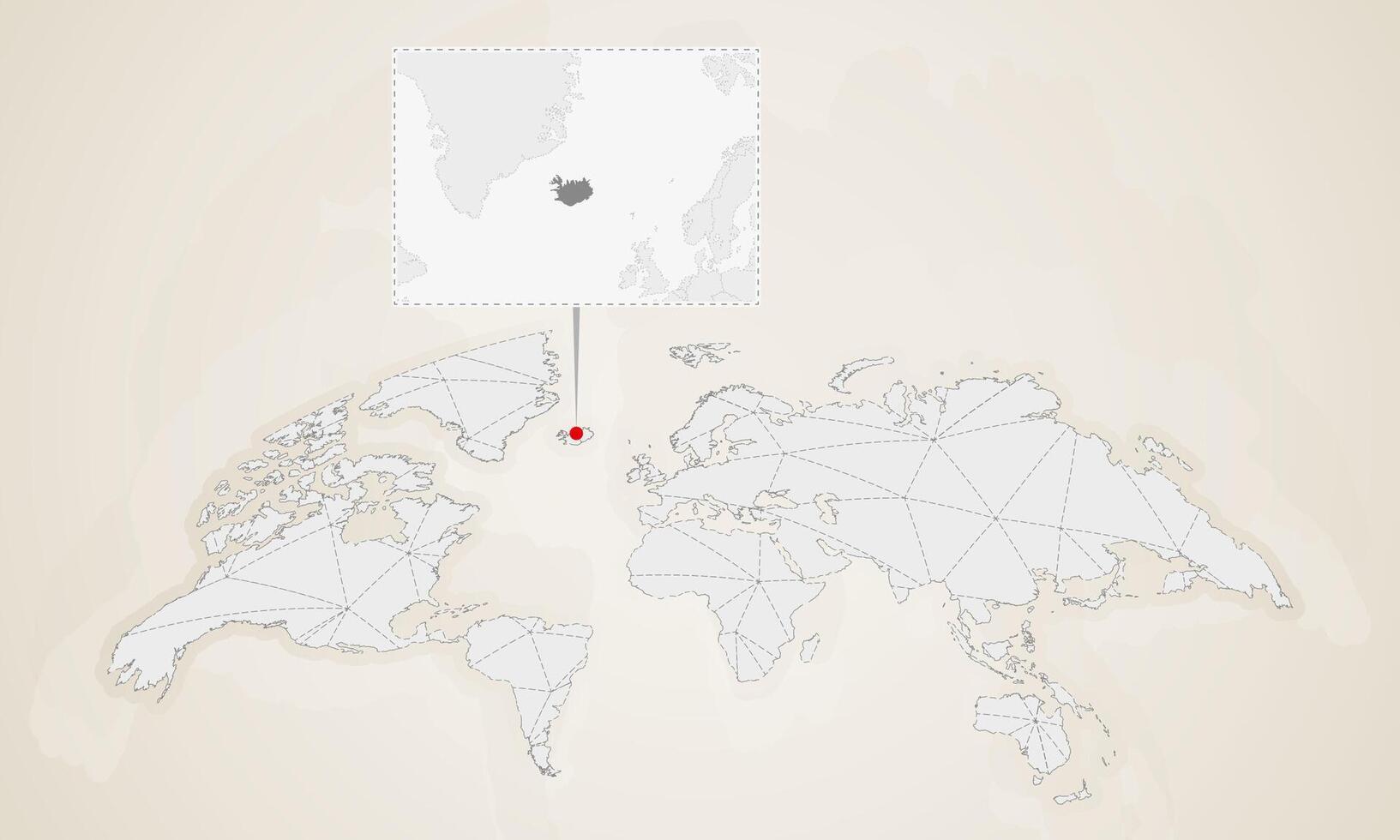 Map of Iceland with neighbor countries pinned on world map. vector